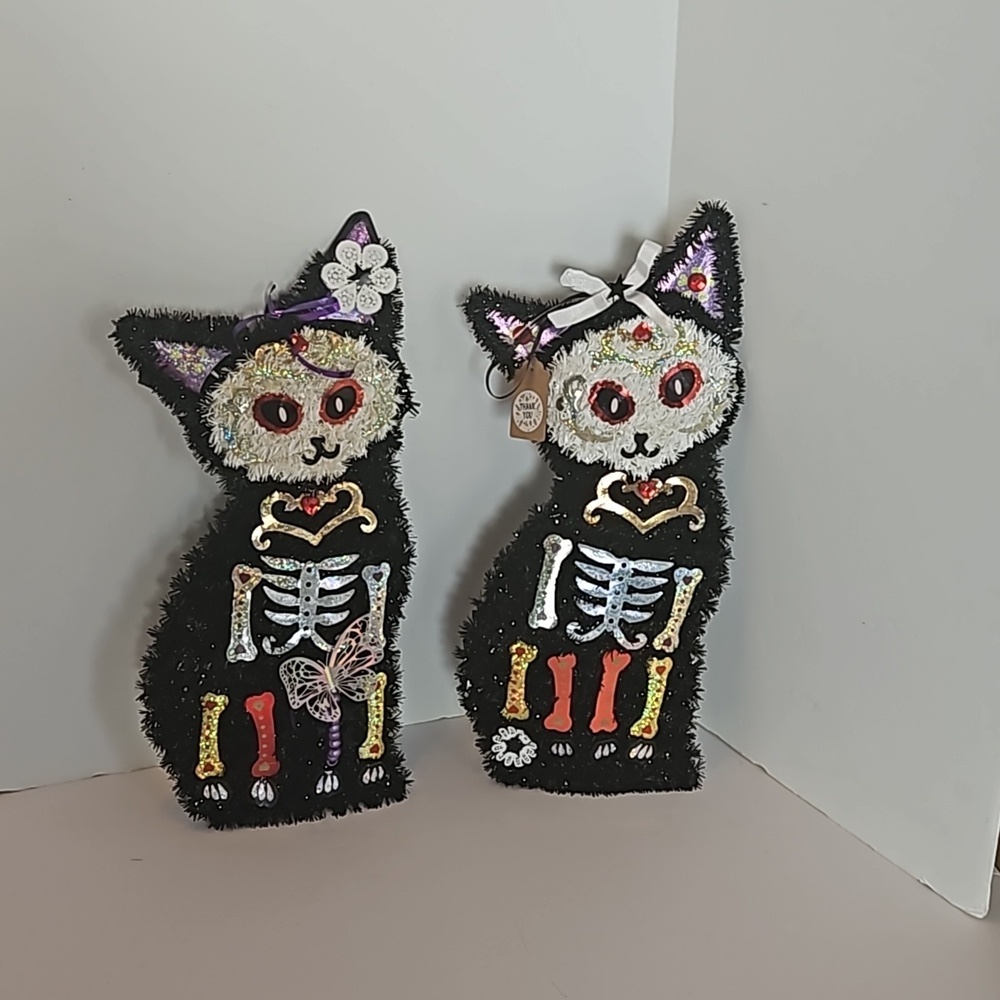 Hand crafted Halloween Cats Set of 2 Black Cats Handmade Holographic Bone detail - Picture 16 of 17